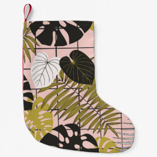 Tropical leaves, flowers, hand-painted pattern. small christmas stocking