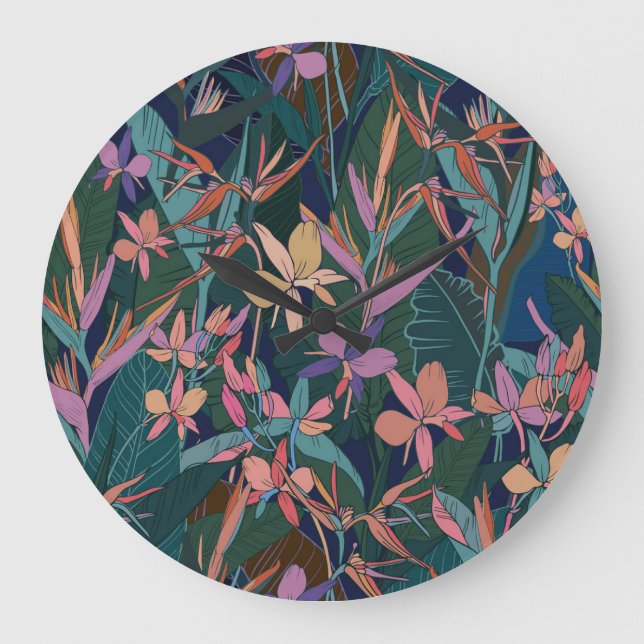 Tropical leaves, flowers: lined vintage. large clock (Front)