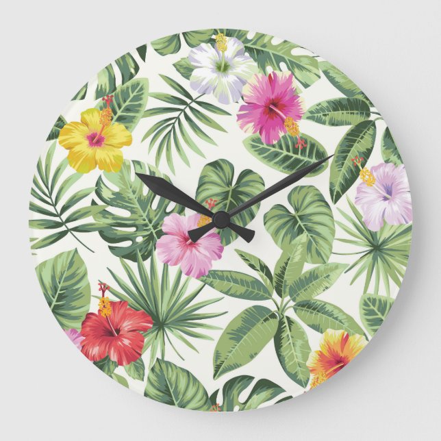 Tropical leaves, flowers, seamless vintage pattern large clock (Front)