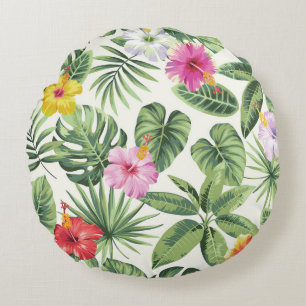 Tropical leaves, flowers, seamless vintage pattern round pillow