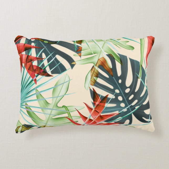 Tropical Leaves & Flowers: Vibrant Pattern Accent Pillow (Front)
