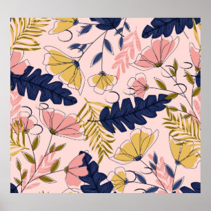 Tropical Leaves Flowers Vintage Print