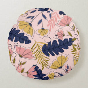Tropical Leaves Flowers Vintage Print Round Pillow