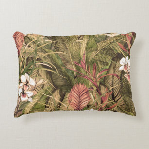 Tropical Leaves Flowers Watercolor Pattern Accent Pillow