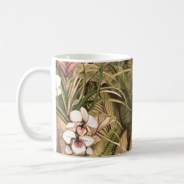 Tropical Leaves Flowers Watercolor Pattern Coffee Mug (Left)