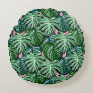 Tropical Leaves Foliage Green & Lush Round Pillow