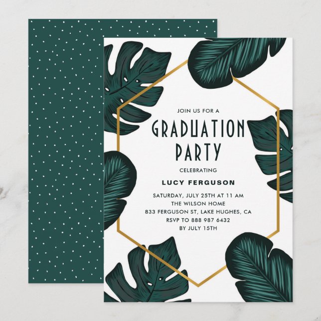 Tropical Leaves Frame Graduation Party Invitation (Front/Back)