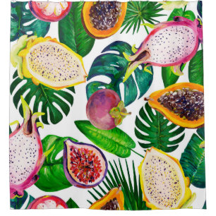 Tropical leaves, fruits, gouache seamless pattern.