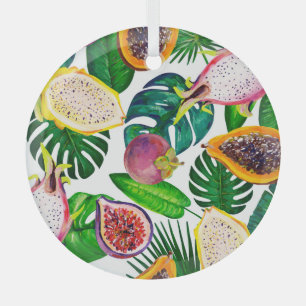 Tropical leaves, fruits, gouache seamless pattern. glass ornament