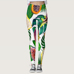 Tropical leaves, fruits, gouache seamless pattern. leggings