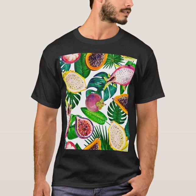 Tropical leaves, fruits, gouache seamless pattern. T-Shirt (Front)