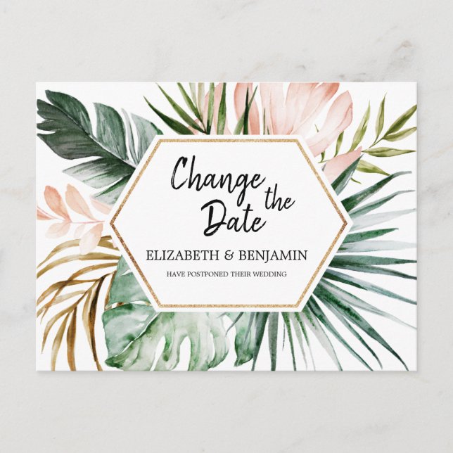 Tropical Leaves Geometric Frame Change the Date Postcard (Front)