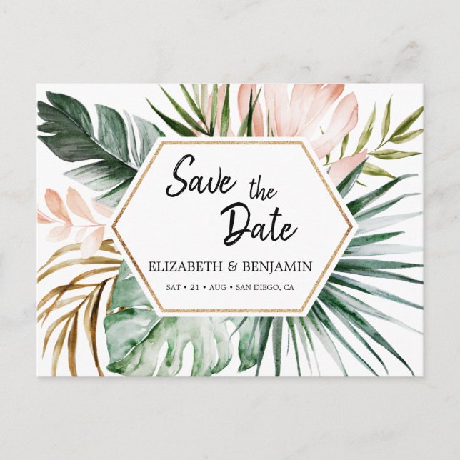 Tropical Leaves Geometric Frame Save the Date Postcard (Front)