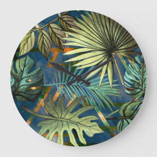 Tropical leaves, geometric shapes pattern large clock