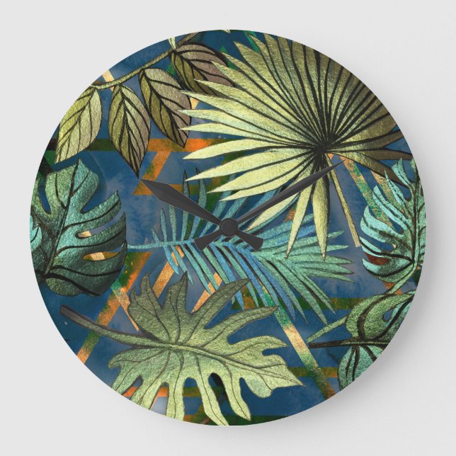 Tropical leaves, geometric shapes pattern large clock (Front)