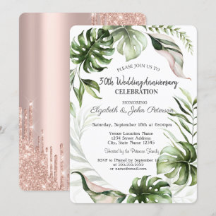 Tropical Leaves Glitter Drips Wedding Anniversary Invitation