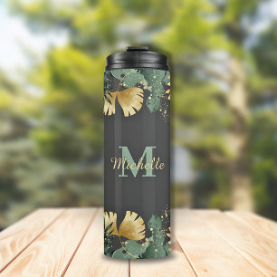 Tropical Leaves Glitter Monogram Thermal Tumbler