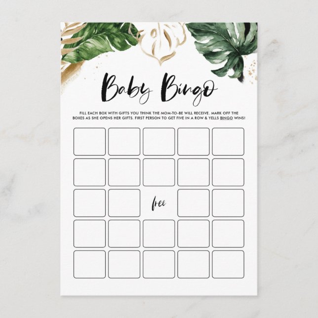 Tropical Leaves Gold Baby Shower Bingo Game Card (Front)
