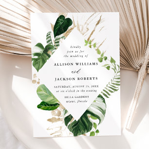 Tropical Leaves Gold Botanical Frame Wedding Invitation