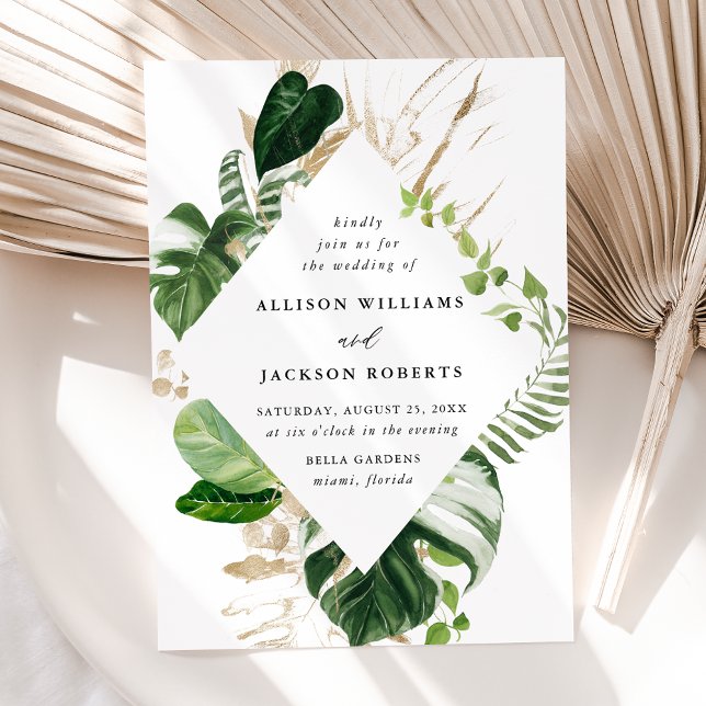 Tropical Leaves Gold Botanical Frame Wedding Invitation (Creator Uploaded)