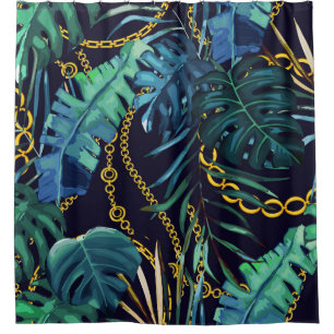 Tropical leaves, gold chains, seamless.