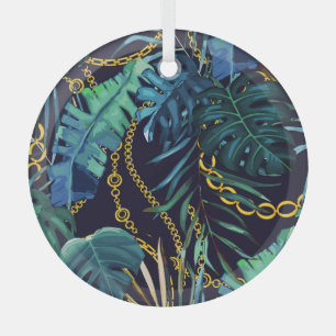 Tropical leaves, gold chains, seamless. glass ornament