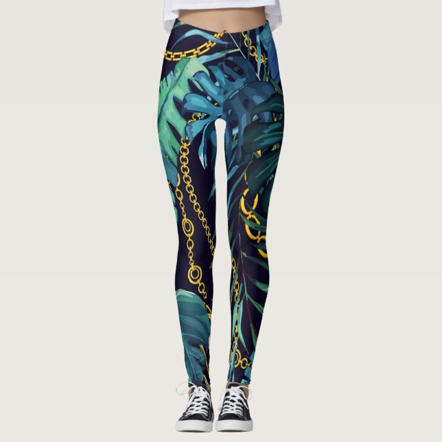 Tropical leaves, gold chains, seamless. leggings (Front)