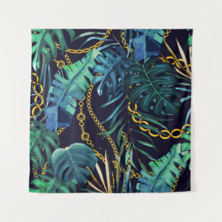 Tropical leaves, gold chains, seamless. tapestry