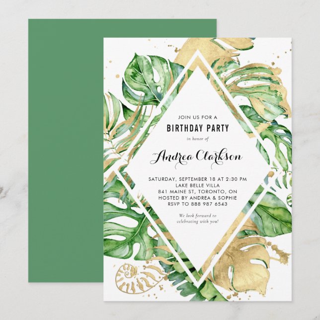 Tropical Leaves Gold Foil Summer Birthday Party Invitation (Front/Back)