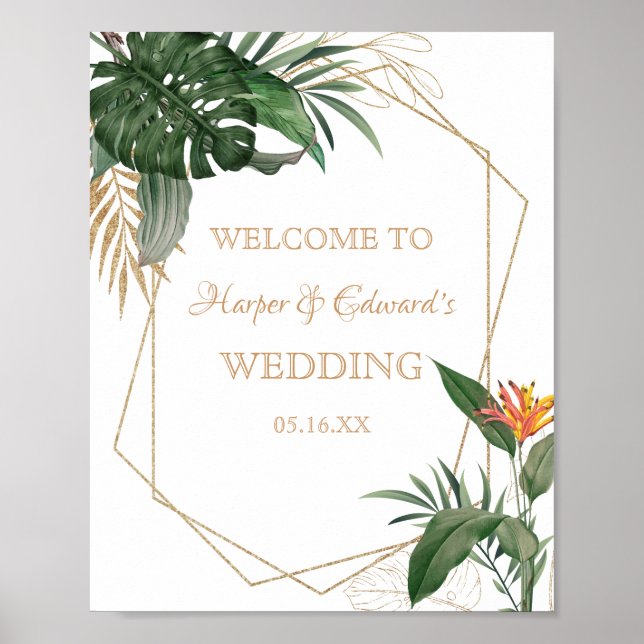 Tropical Leaves Gold Frame Watercolor Wedding Poster (Front)