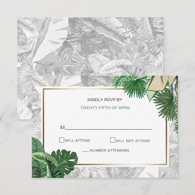 tropical leaves gold  greenery botanical rsvp invitation (Front/Back)