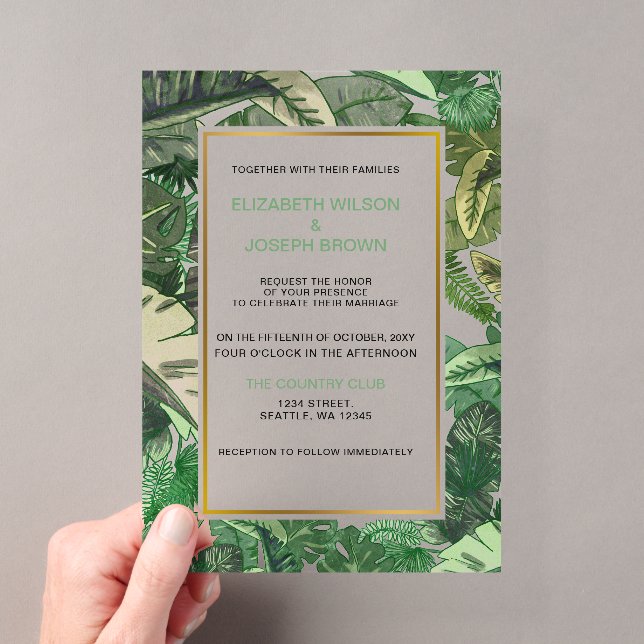 tropical leaves gold  greenery botanical wedding acrylic invitations (Insitu (Handheld))