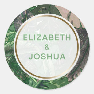tropical leaves gold  greenery botanical wedding classic round sticker
