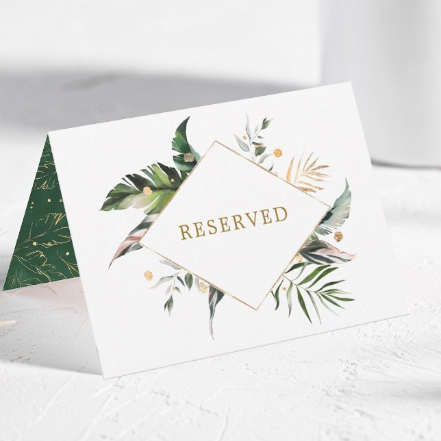 Tropical Leaves Gold Wedding Reserved Tent Sign (Creator Uploaded)