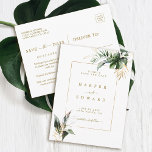 Tropical Leaves Gold Wedding Save the Date Announcement Postcard<br><div class="desc">This wedding save the date invitation postcard features watercolor green tropical foliage,  monstera leaf,  palm tree leaves,  banana leaves,  and faux gold leaves accents.   It's perfect for a beach or destination wedding.  >>> Check out the entire collection >>> https://www.zazzle.com/collections/tropical_foliage_gold_collection-119316977990783186</div>