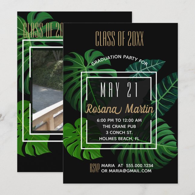 Tropical Leaves Graduation Party Invitation (Front/Back)