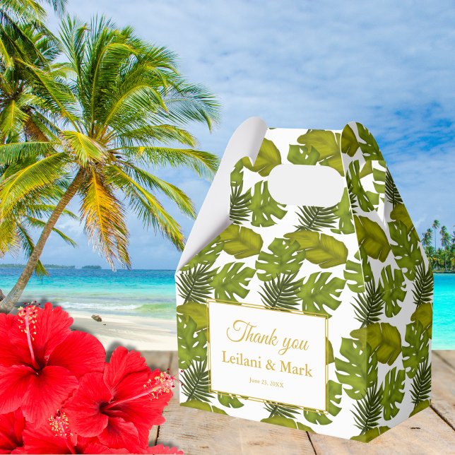 Tropical Leaves Green and Gold Thank You Wedding  Favor Box (Creator Uploaded)