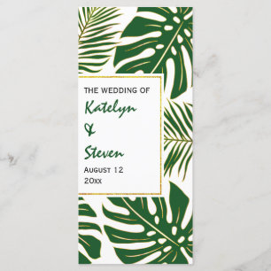 Tropical leaves green and gold wedding program