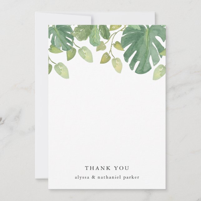 Tropical Leaves | Green and White Thank You Card (Front)