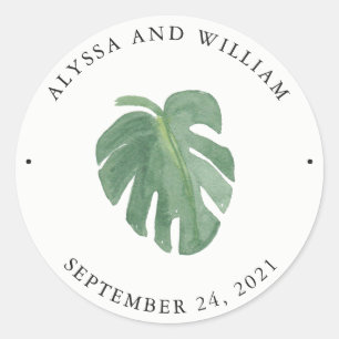 Tropical Leaves   Green and White Wedding Classic Round Sticker