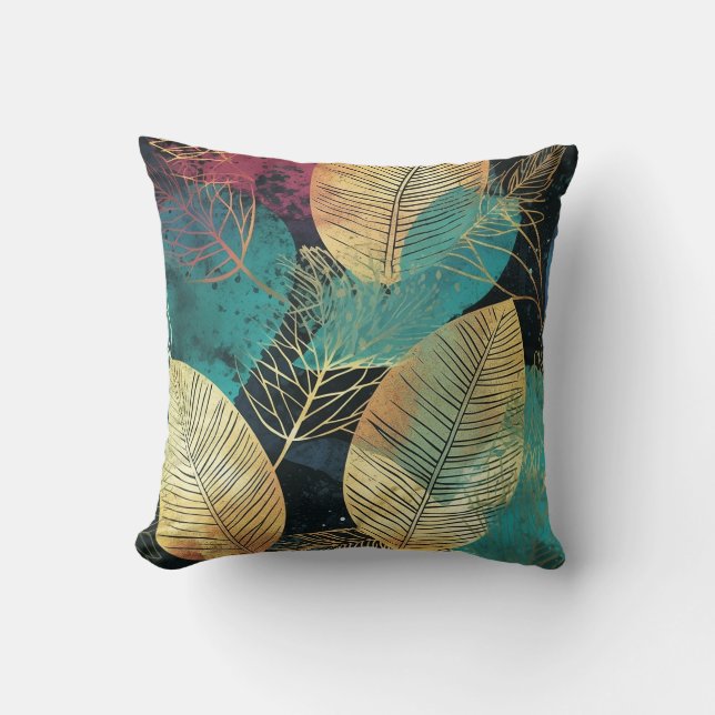Tropical Leaves Green Gold Black Modern Throw Pillow (Front)