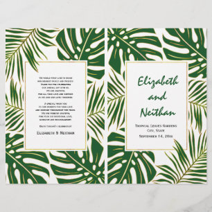 Tropical leaves green gold folded wedding program