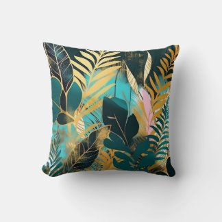 Tropical Leaves Green Gold Pink Modern Throw Pillow