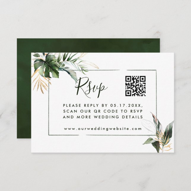 Tropical Leaves Green Wedding RSVP with QR Code Enclosure Card (Front/Back)