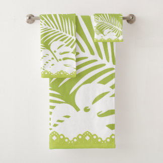Tropical Leaves Green White Fancy Trim Bath Towel Set