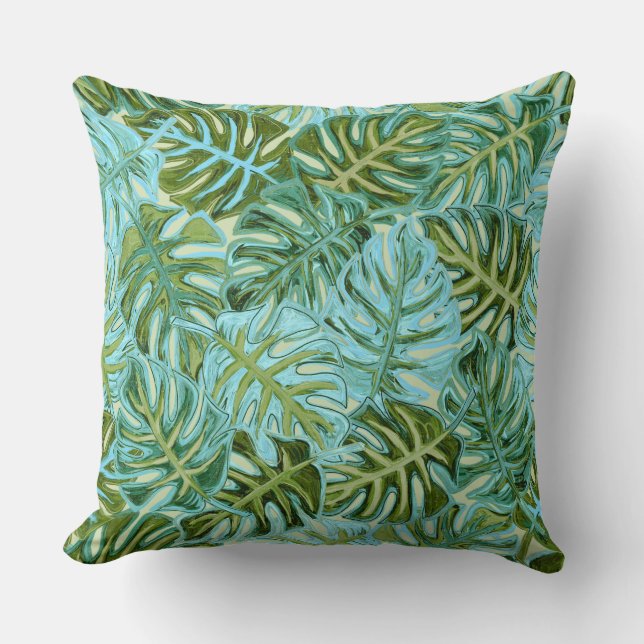 Tropical Leaves Green With Aqua Throw Pillow (Front)