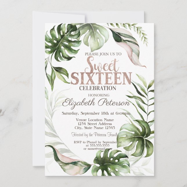 Tropical Leaves Greenery Sweet 16 Birthday  Invitation (Front)