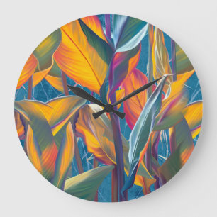 Tropical leaves, grunge concrete wall. large clock