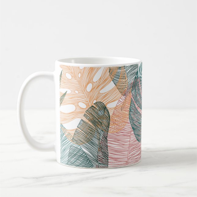 Tropical leaves: hand-drawn vintage pattern. coffee mug (Left)
