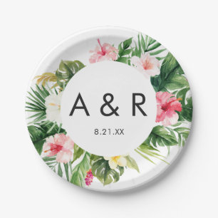 Tropical Leaves Hawaii Wedding Monogram  Paper Plate